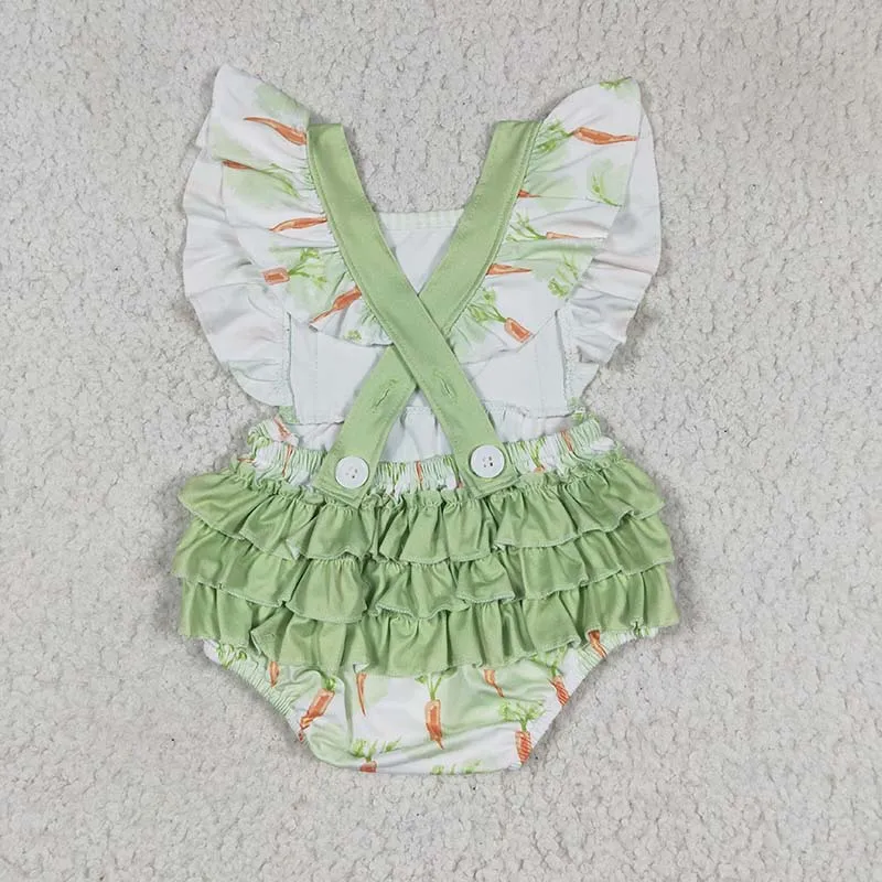 Wholesale Newborn Bunny Rabbit Carrot Spring Romper Easter Baby Girl Ruffle Green Clothing Kid One-piece Toddler Bubble Clothes