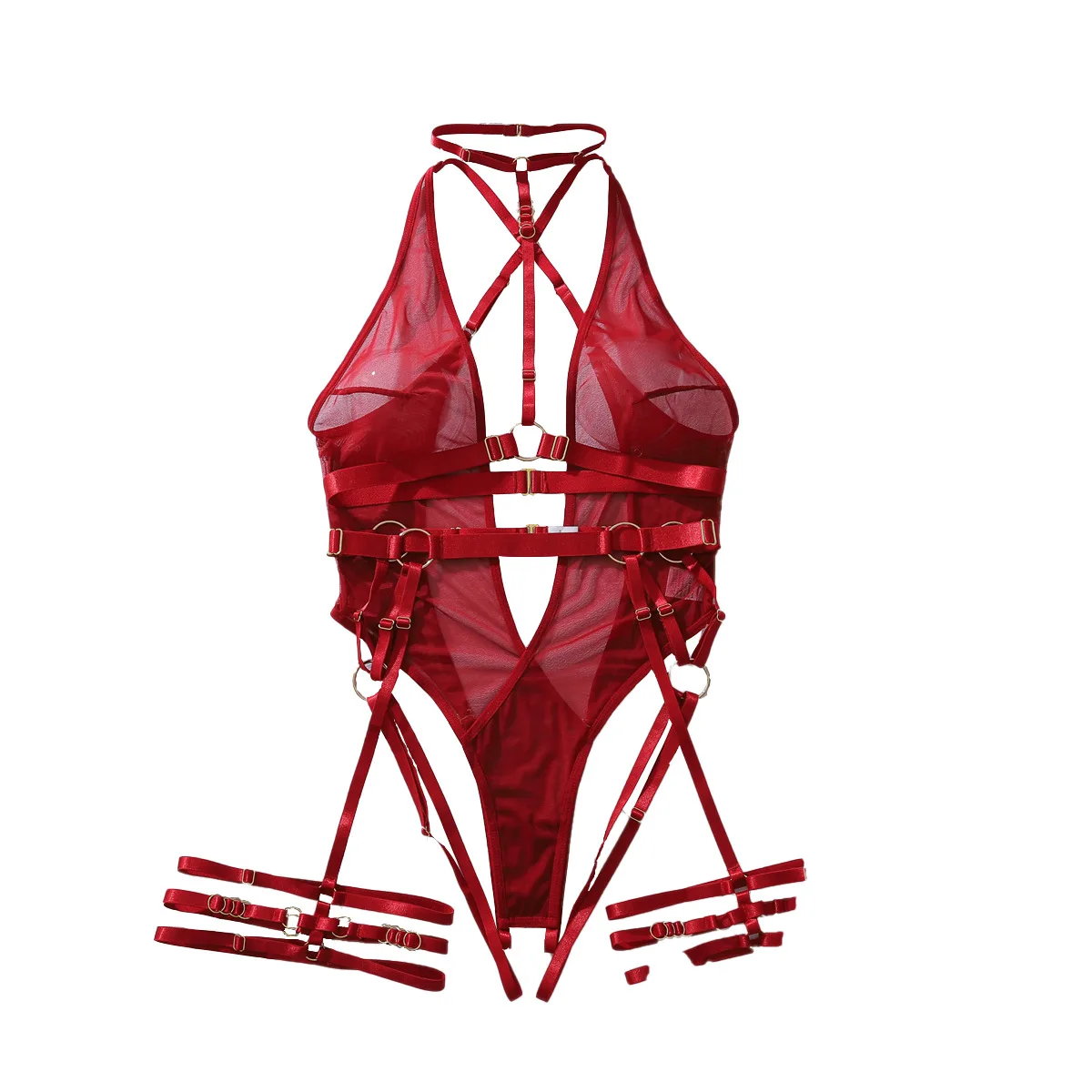 

Wine Red Women's Sexy Romantic Set Halter Chiffon One-piece Christmas Set See-through Mesh Shaping Sexy Lace-up Holiday Gift Set