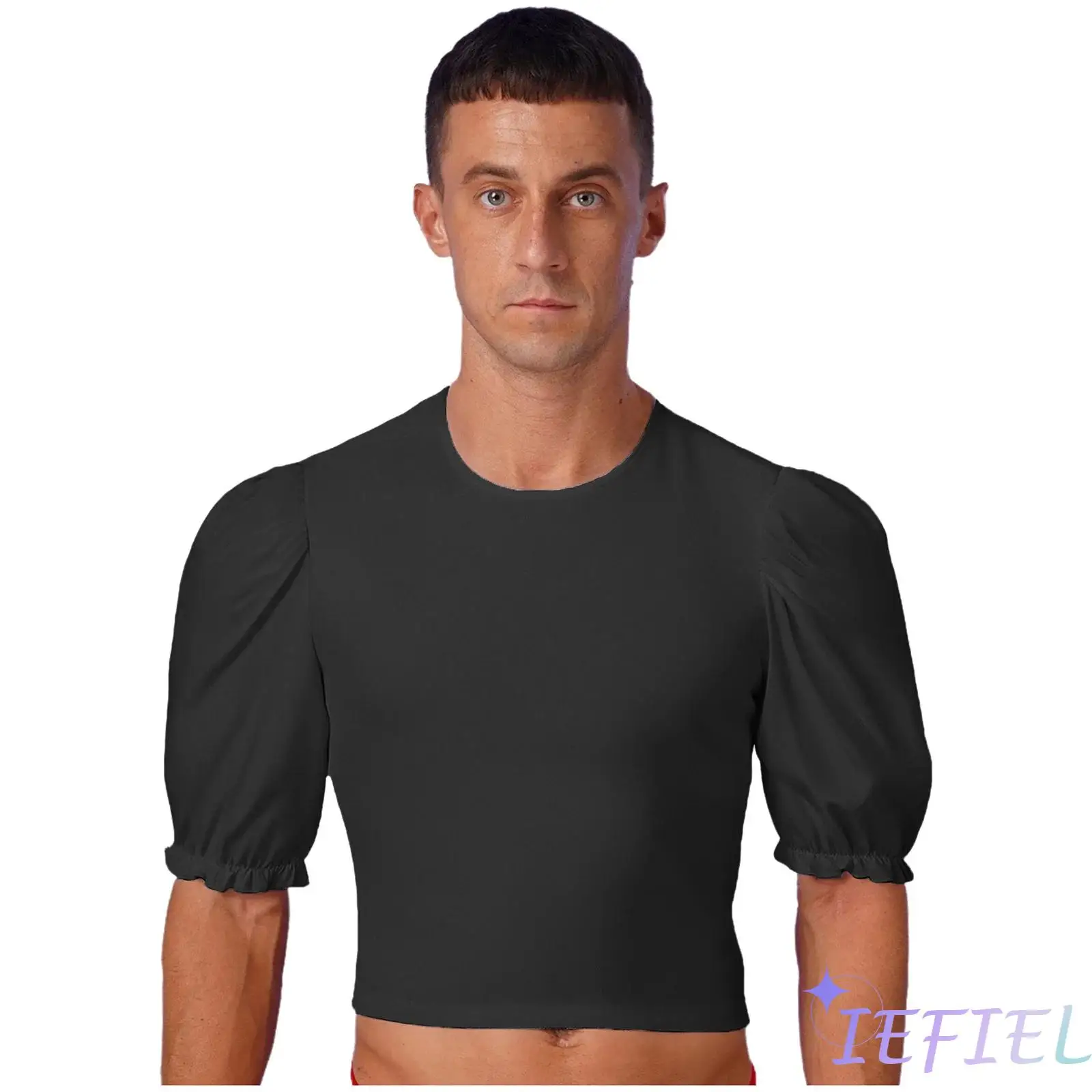 

Men Ballet Dance Costume Gymnastics Ballet Dance Velvet Training Crop Top Round Neck Ruffled Cuffs Pullover Baselayer Shirt Tops