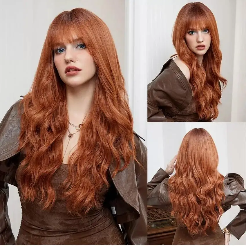 

Heat Resistant Hair Long Wavy Halloween Costume Wigs With Bangs Copper Red