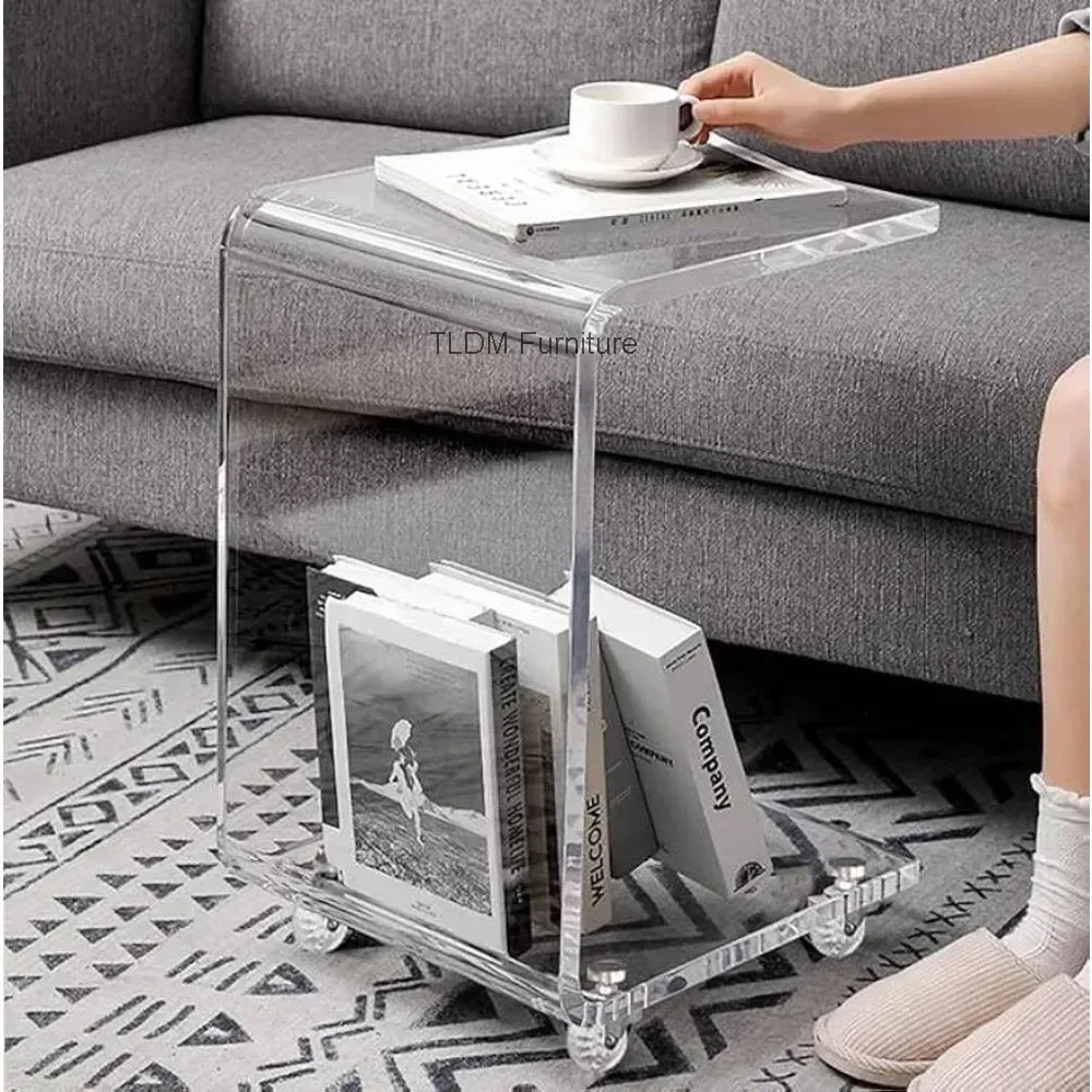 Wheeled Side Table, Table, Sofa Rolling C-shaped 12mm Coffee Table, Snack Transparent Table 56*35*35cm Acrylic