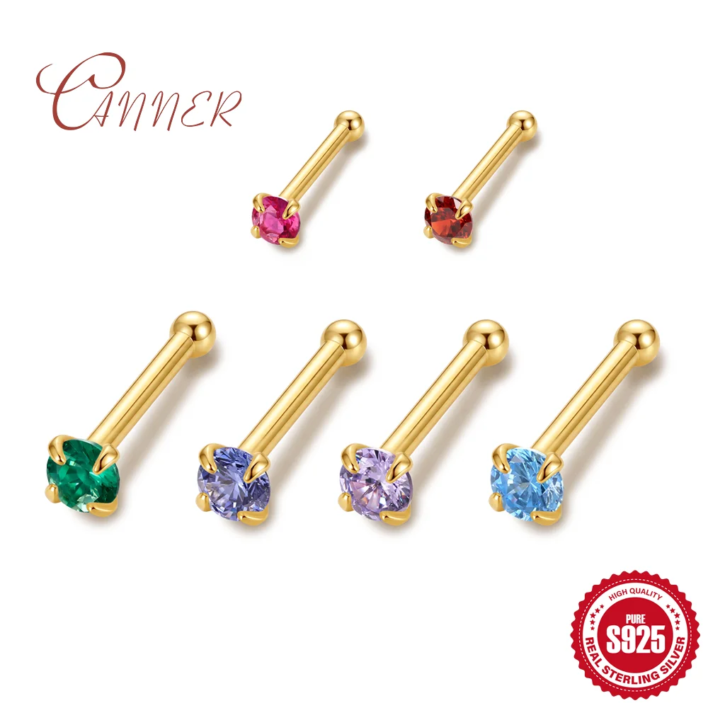 CANNER 925 Sterling Silver 12Pcs Color Nose earrings Stud for Women Girl Nostril Piercings Rings Gem Fashion Jewelry Dating Gift
