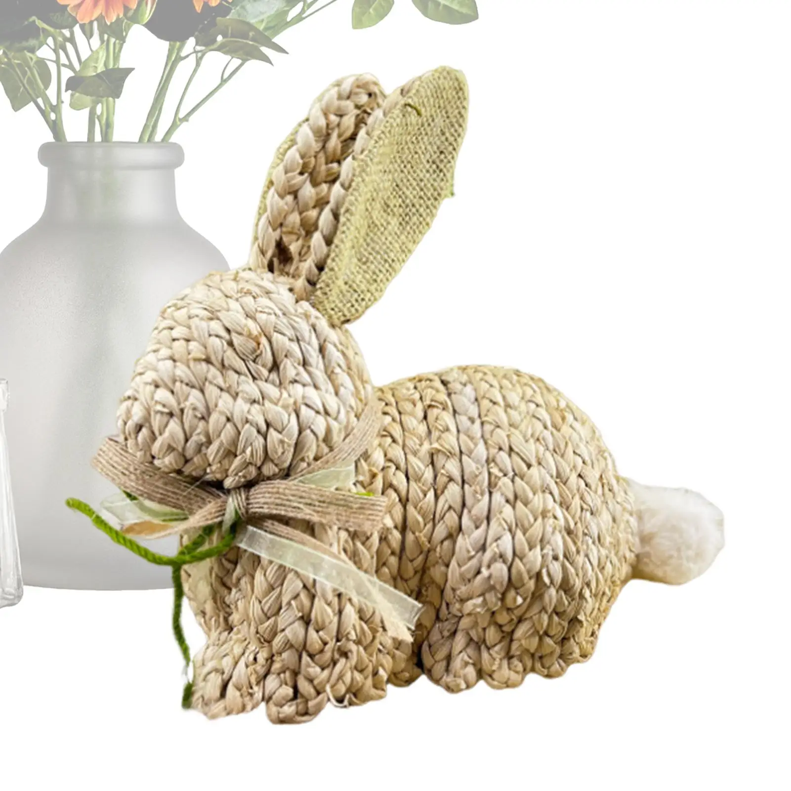 Spring Easter Handmade rabbit ornaments Rustic Cute Woven Spring Decor Rabbit Statue decorated with bows and fluffy tails