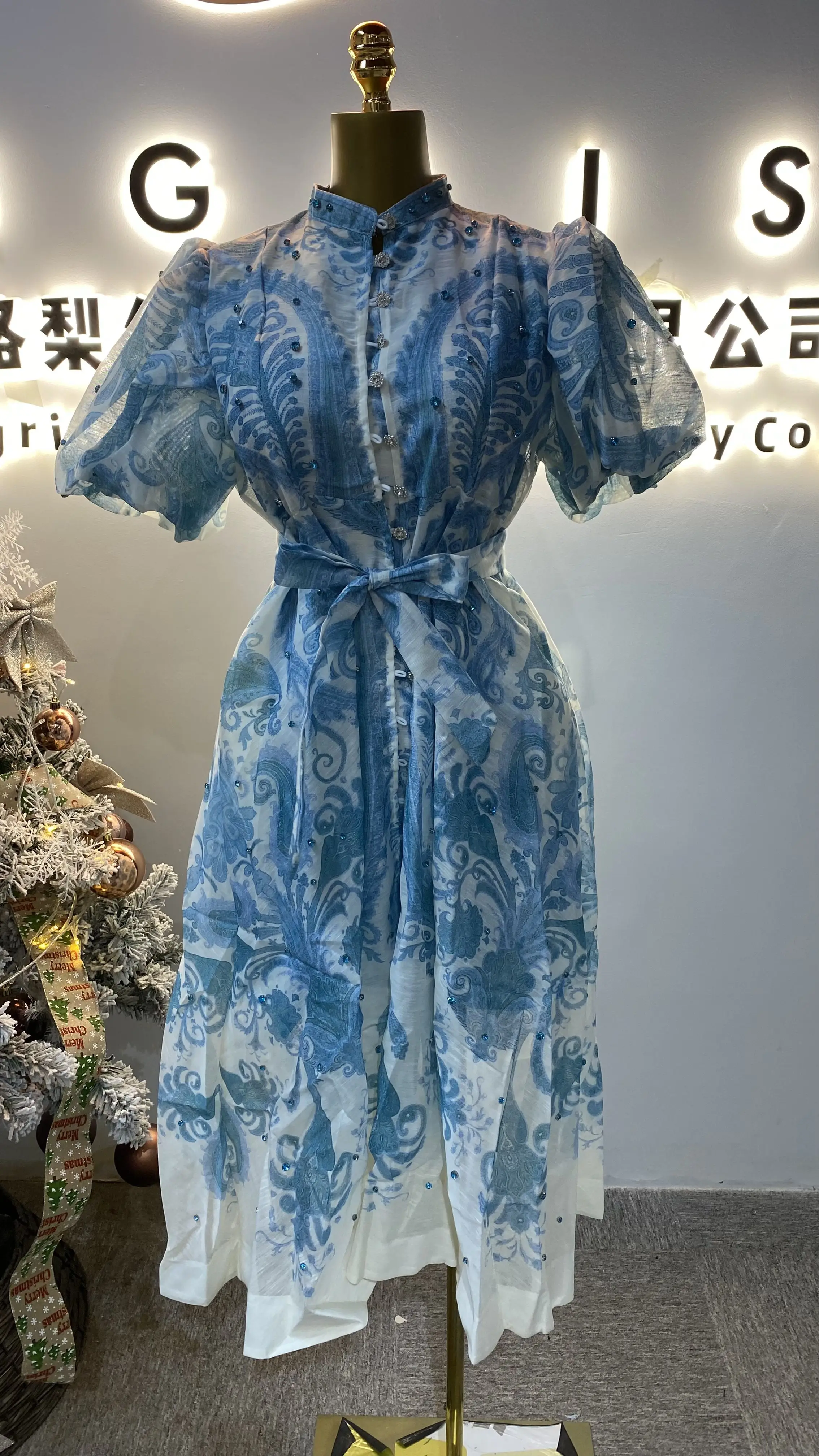 

2025 Summer Retro Lapel Tunic Shirt Women's Short Sleeve Empire Print Lace Dress-GZMM434