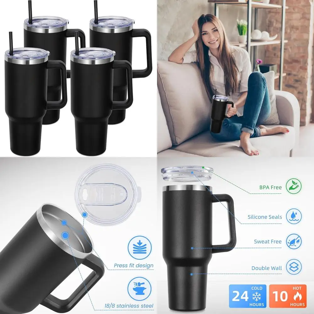 

Set of 4 Black Stainless Steel Travel Mugs with Handle, Lid, and Straw