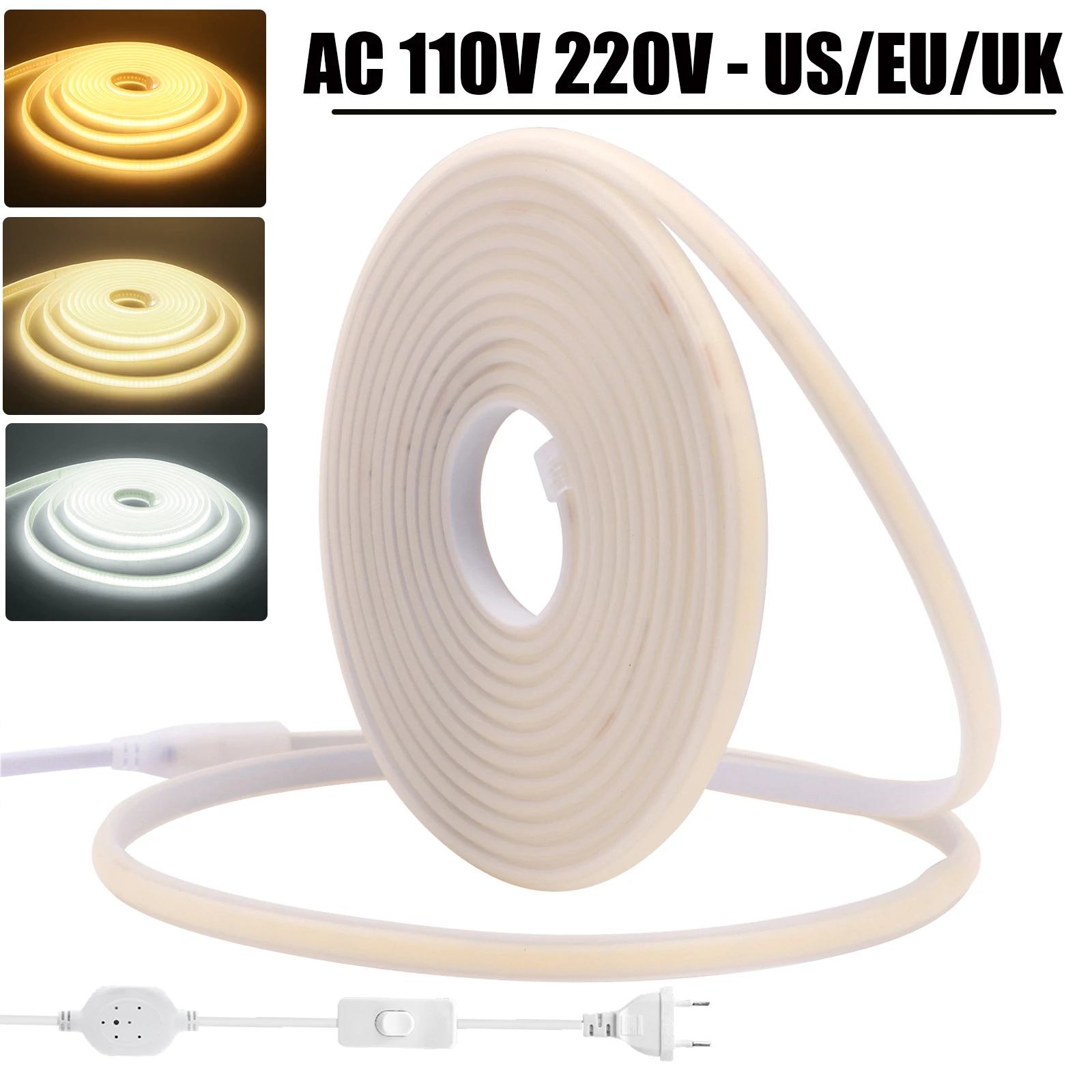 

AC 110V 220V COB LED Strip EU UK US Warm/Natural White Waterproof Home Garden Decor Flexible Tape Neon Light