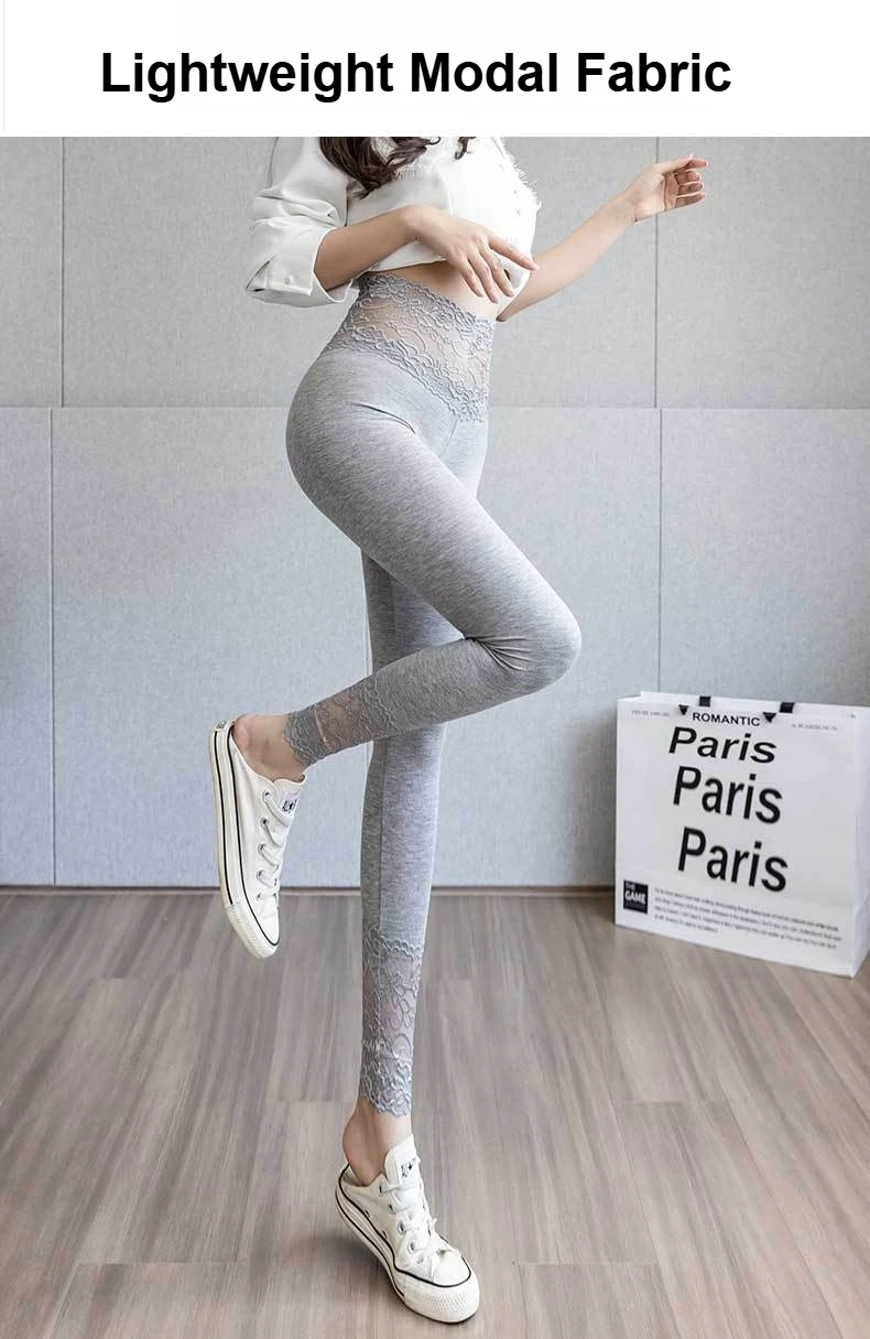 Modale Leggings für Damen, hohe Taille, sexy Spitze, schlank, dehnbar, atmungsaktiv, allein zu tragen, Frühling, Herbst, Basisschicht, Po-Lifting-Leggings – Detail 3