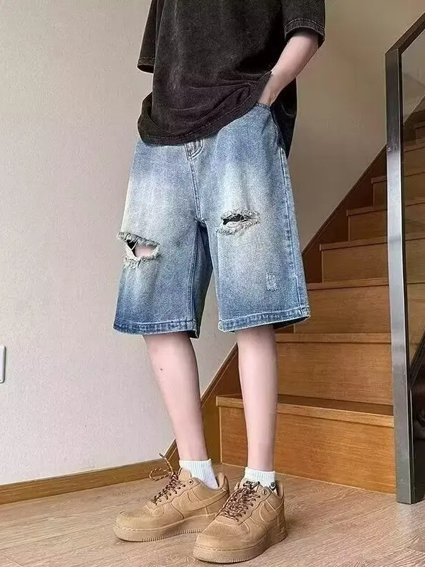 

Мужские летние тонкие джинсы-шорты прямого кроя с рваными элементами, средней посадкой, свободного кроя, для подростков, в уличном стиле