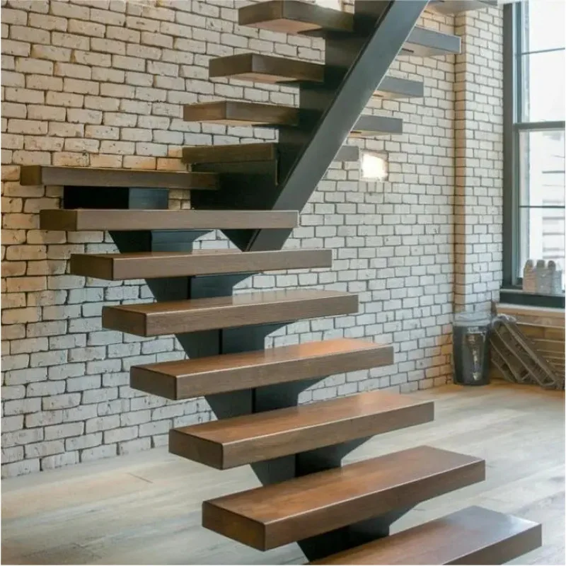 custom.Square Tube Single Stringer Staircase Custom Steel Wood Combination Floating Steps Modern Interior Architecture