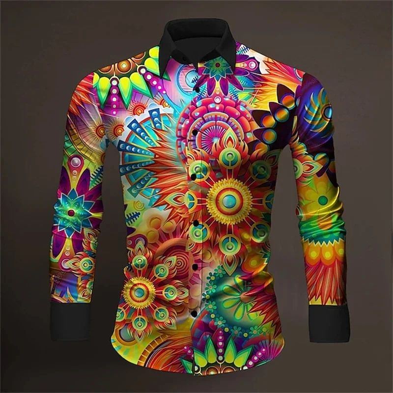 Exquisite Flower Pattern Hawaiian Shirts For Men Colorful Plant 3D Print Aloha Shirts Casual Loose Long Sleeve Lapel Tops Blouse