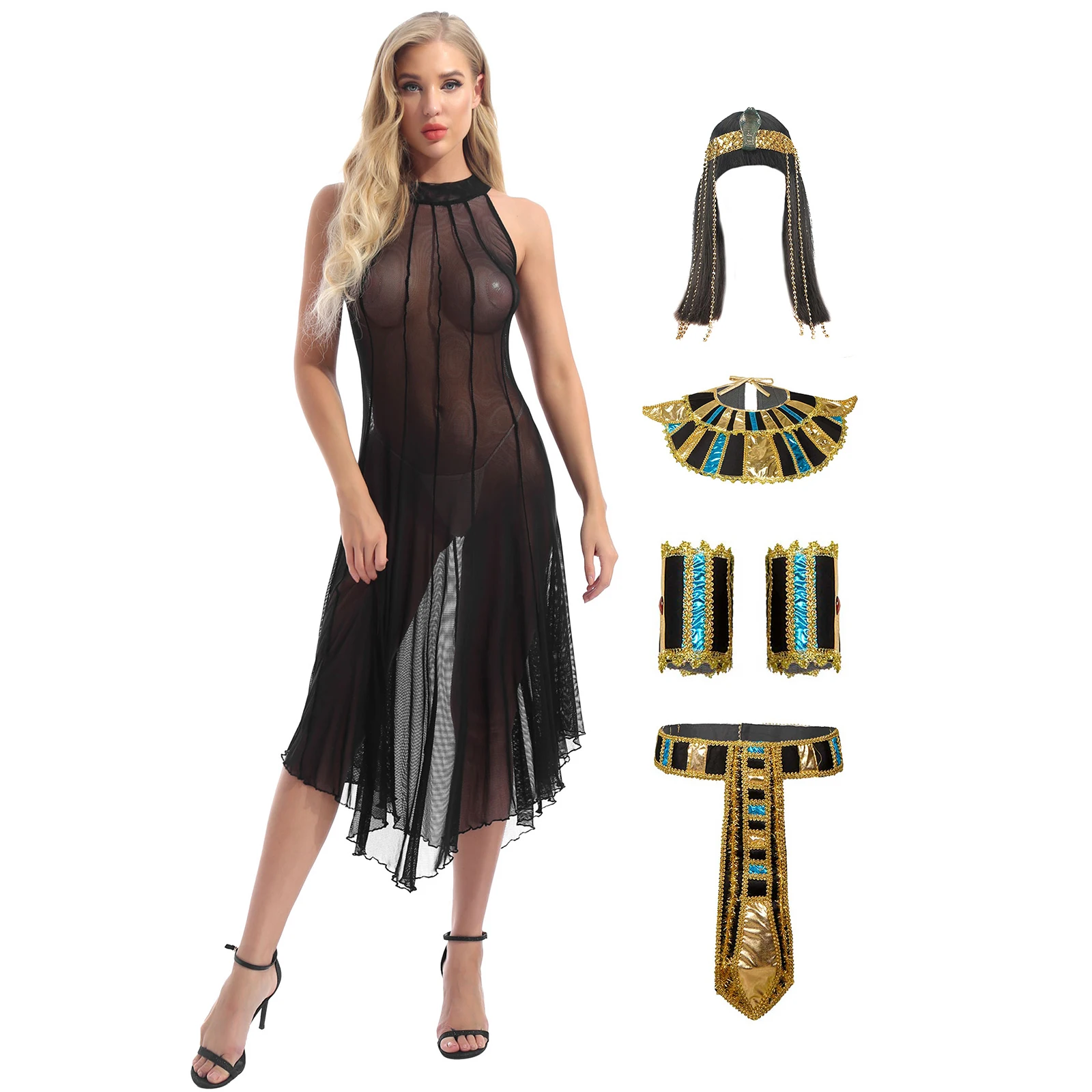 Womens Sexy Egyptian Queen Gothic Halloween Seethru Cosplay Dress Costume Classic Wig Headband Festival Party Concert Dressup