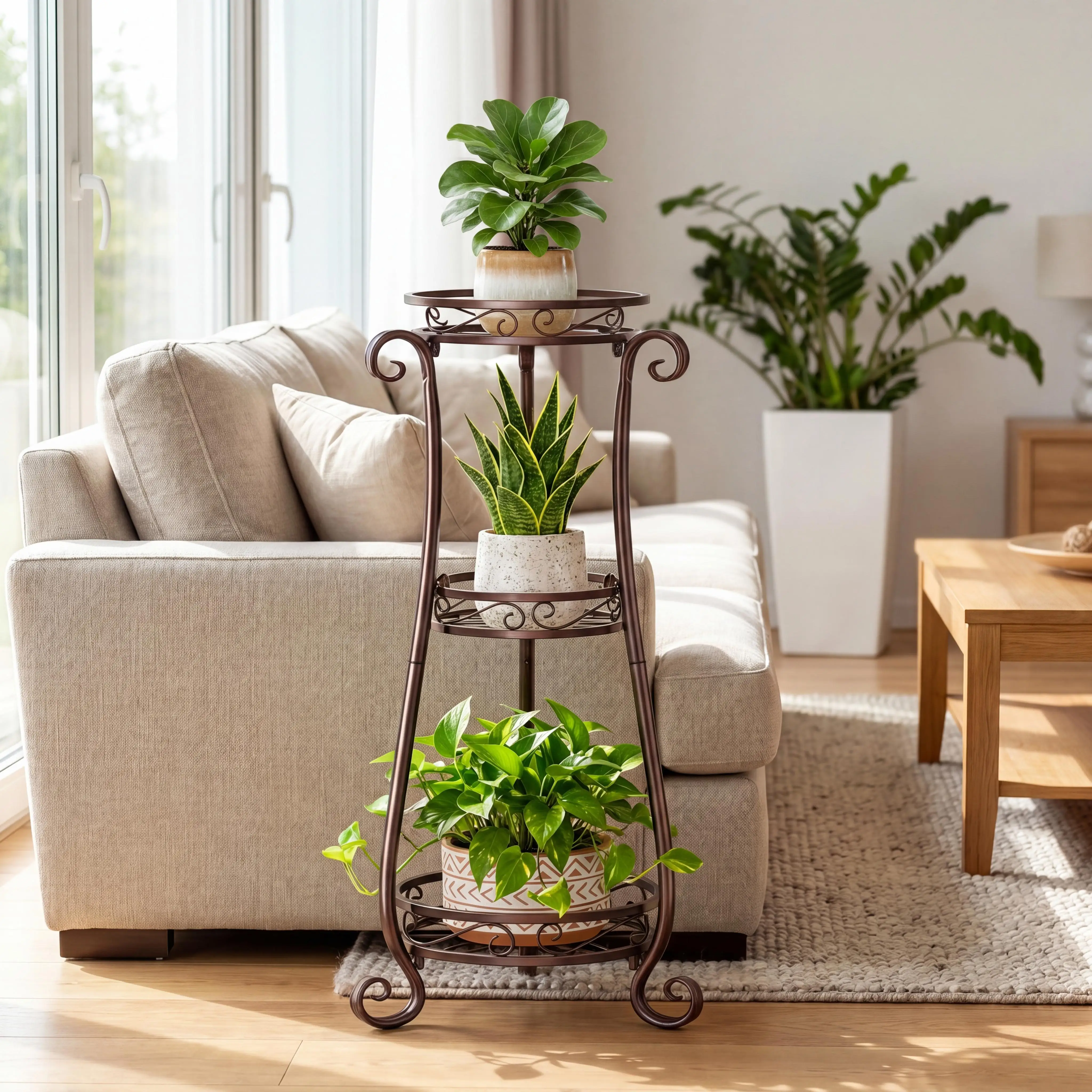 3-Tier Metal Plant Stand Indoor Outdoor Vintage Bronze Flower Pot Holder Multi-Level Display Rack for Garden Patio Balcony Living Room Decorative Iron Planter Shelf Home Decor