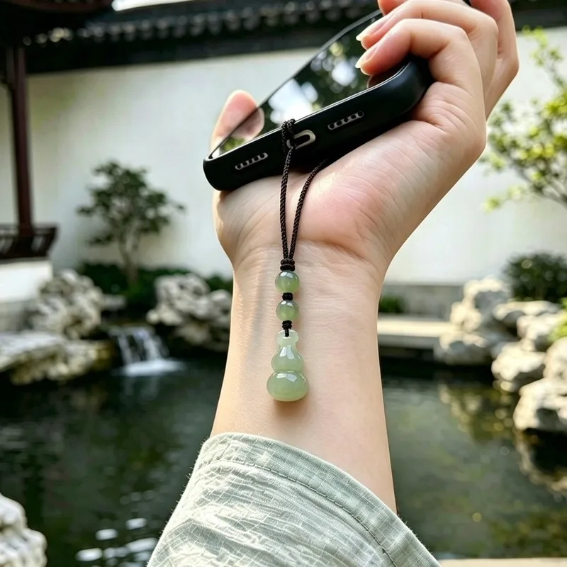 Natural Hetian Jade Gourd Phone Chain Handmade New National Style Fortune Pendant Decoration