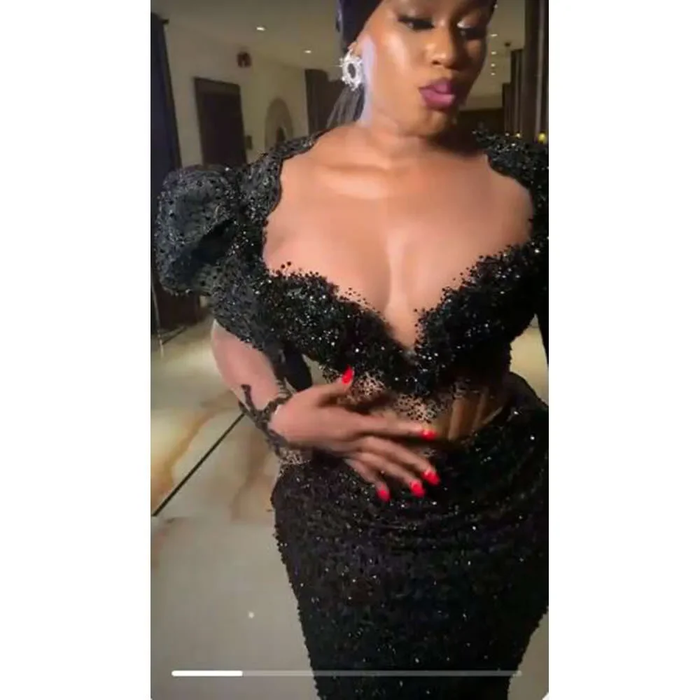 Customized 2026 Aso Ebi Mermaid Black Lace Sexy Tight Ball Dress Transparent Long Sleeve Women's Formal Ocn Party Evening Dress