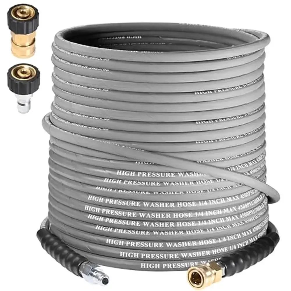 

100FT 4500 PSI Steel Wire Braided Power Washer Rubber Hose Extension Quick Connect Replacement Industrial Durability Wear