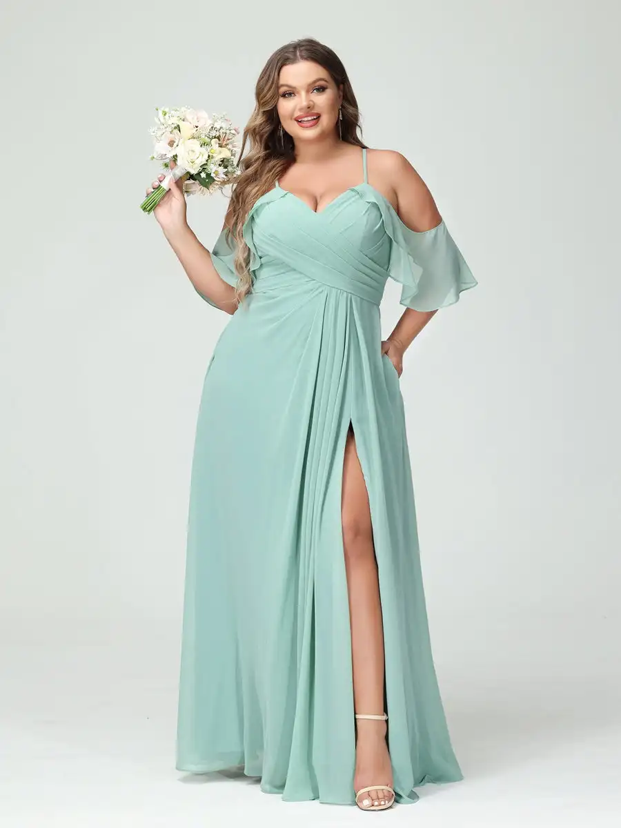 

Plus-Size Women Sage Green Bridesmaid Dresses Chiffon Spaghetti-Strap A-Line Side Split Floor Length Wedding Party Dress