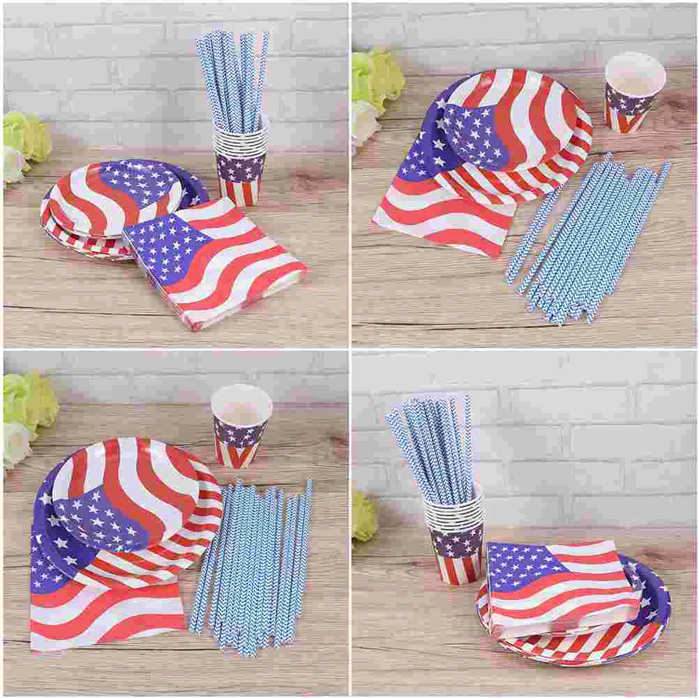 

93pcs American Flag Paper Plate Cup Napkin Straw Cutlery Spoon Set Party Decorations for Independence Day Festival