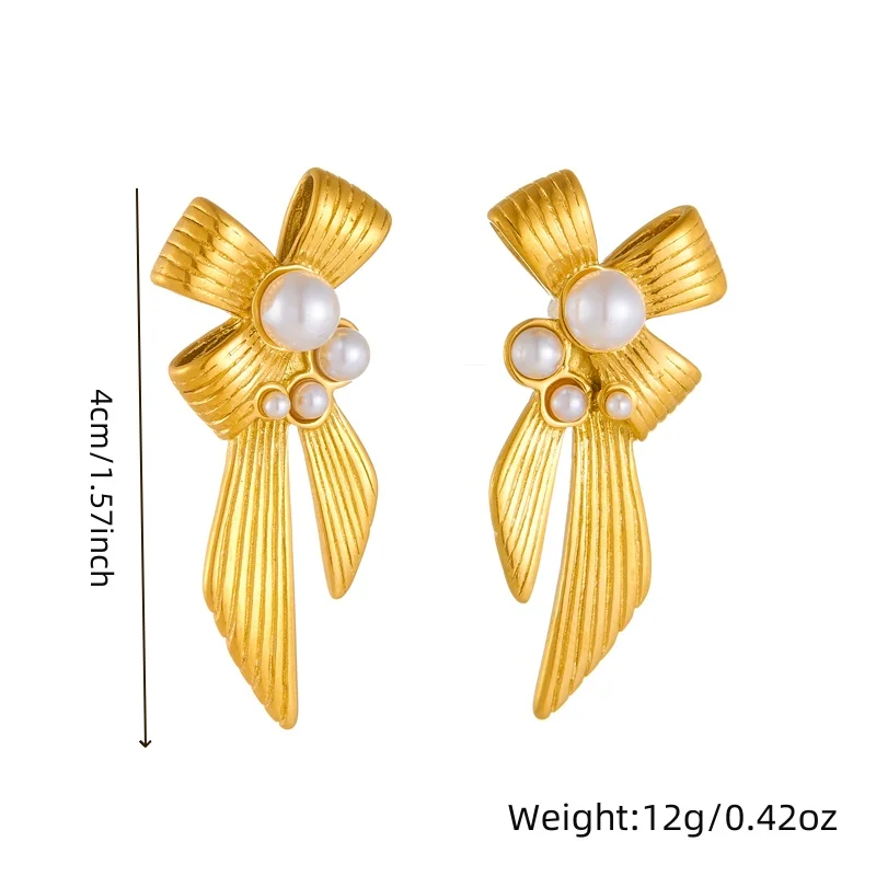 DIEYURO 316L Stainless Steel French Retro Iine Bowknot Pearl Earrings For Womens Design Sense New Trend Ear Jewelry Gift Party