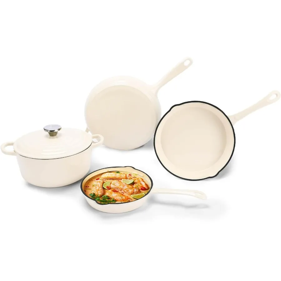 

Enameled Cast Iron Cookware Set, 5-Piece Ceramic Coated Pots & Pans with Dutch Oven and Lid, PFAS/PTFE/PFOA-Free, Induction Gas