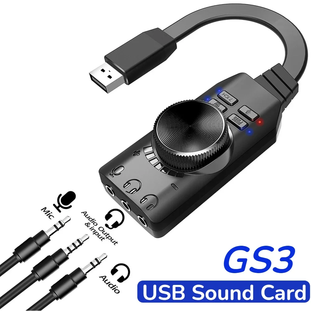 

GS3 7.1 Channel Sound Card USB Audio Interface Converter External Sound Card Headset Stereo Adapter for Computer PC Laptop Game