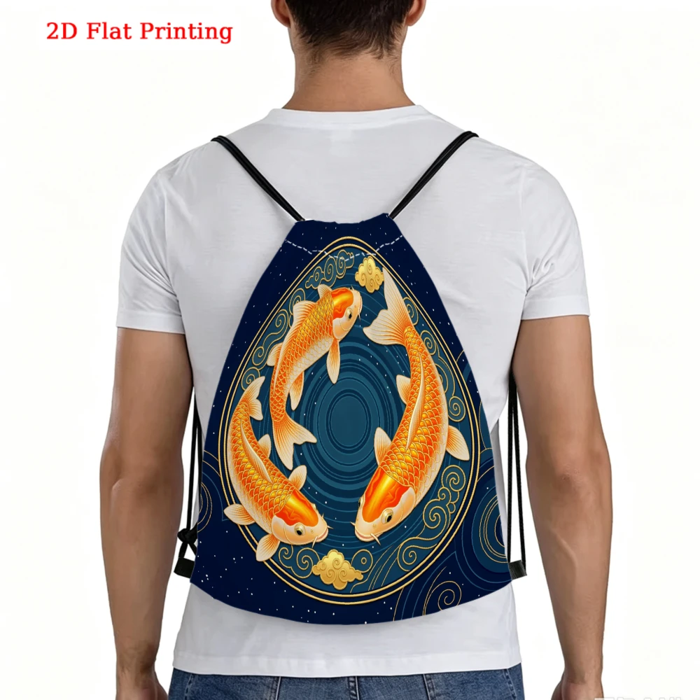 Japanese Style, Drawstring Backpack, 2D Flat Printing Koi Fish Pattern, Fitness Sports Backpack, Outdoor Travel Drawstring Bag