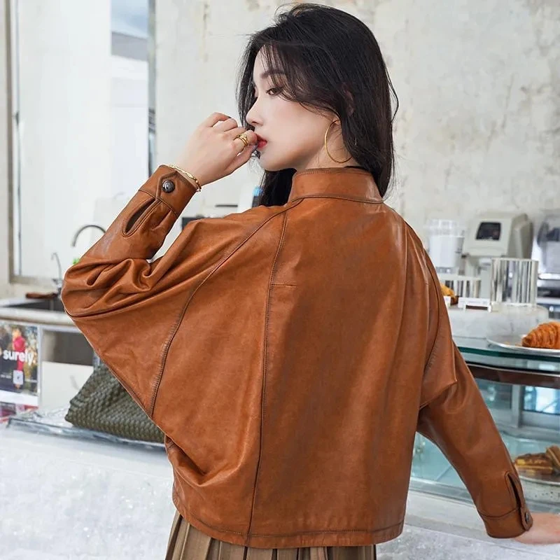 High-End Imitation Genuine Leather Coat Women\'s Short Locomotive Jacket  Spring Autumn Korean Bat Sleeve Soft Leather Outerwear