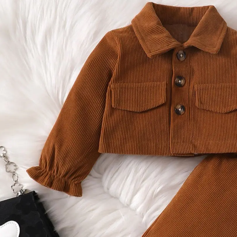 0-2-year-old newborn baby girls autumn and winter brown long-sleeved cardigan lapel jacket bow pants fashion suit