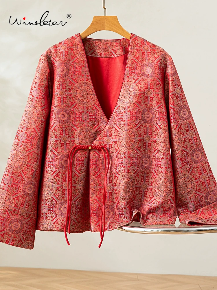 

Winsleter-100%Real Silk Song Brocade Elegant Coat, V Neck Geometry, Women Retro Versatile Loose Coat, 2025 Autumn New C5N444CC