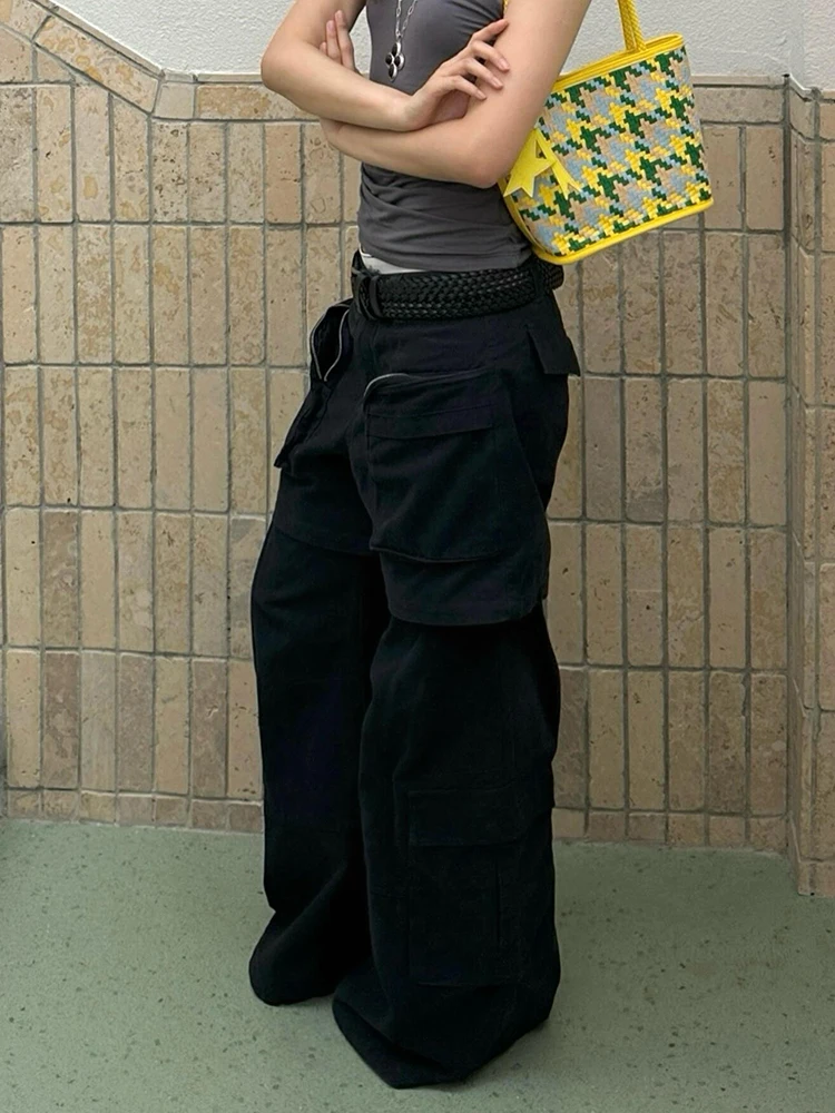 RORORIRI Multi-pocket Women Fake 2-piece Baggy Jeans High Waist Wash Pintuck Plain Stitch Wide Leg Cargo Pants Retro Streetwear