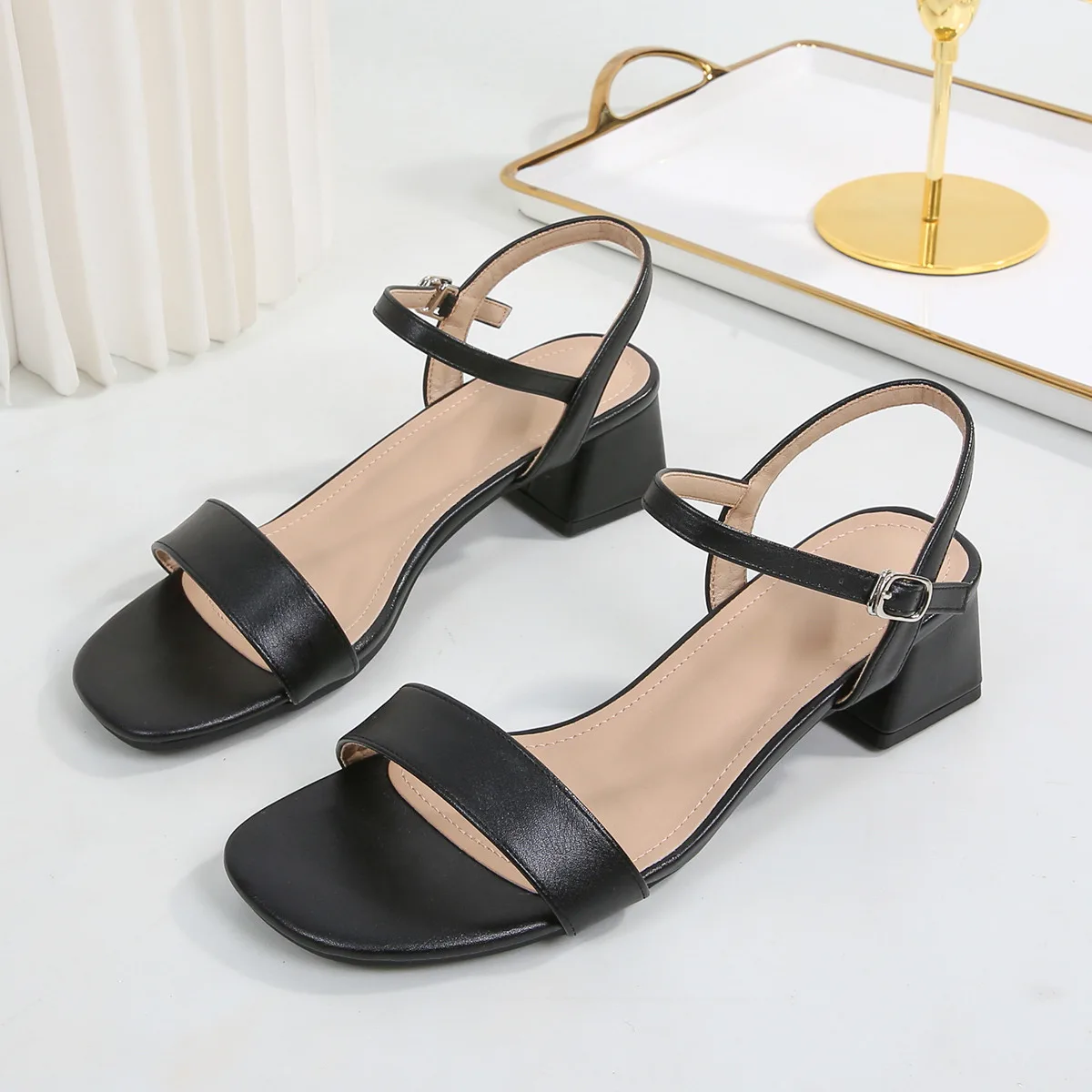 Sandals for Women Summer Fashion Soft Leather Chunky Sandals Round Head Open Anti-slip Wear-resistant High Heels Plus Size 44 image 6