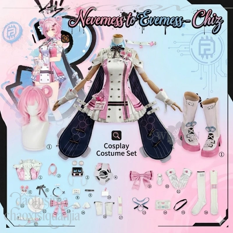 

Anime Game Neverness To Everness Cosplay Chiz Costume Kawaii Pink Dress Rabbit Ear Shoes Wigs Cute Sweet Lolita Halloween Party