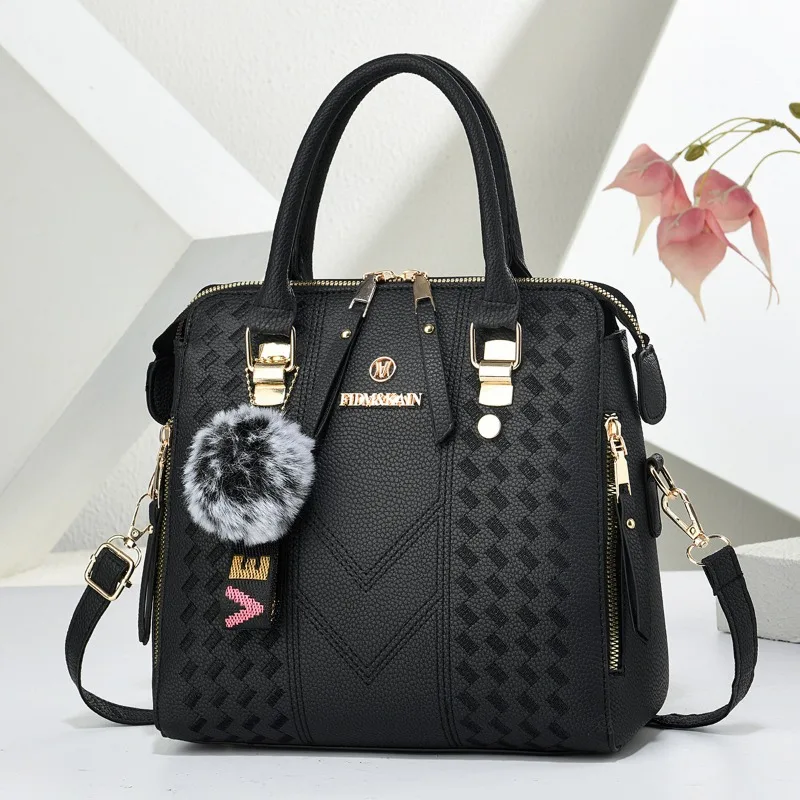Large Capacity Women's Handbag 2026 New Style Simple Shoulder Crossbody Embroidered Bag Ball Pendant PU Material Women's Bag