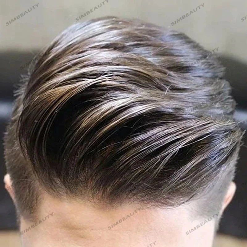 Natural 30mm Wave Men's Full Skin Human Hair Toupee Hair Replacement Prosthesis Long Lasting 0,1mm Durable PU Base Mens Toupee