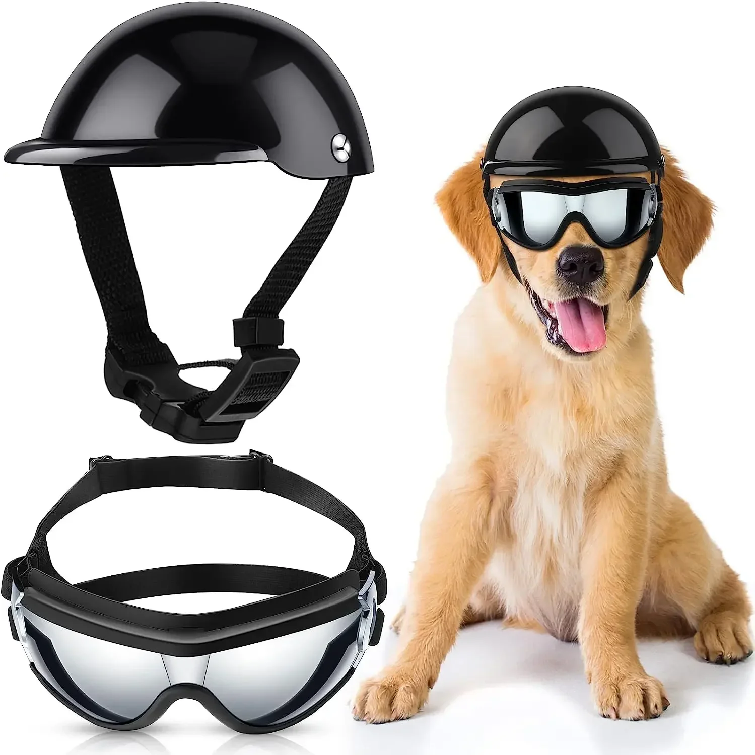 

Dog Sunglasses and Pet Helmet Set,Dust Wind UV Protection Dog Glasses Dog Helmet and Goggles Adjustable Dog Motorcycle Helmet