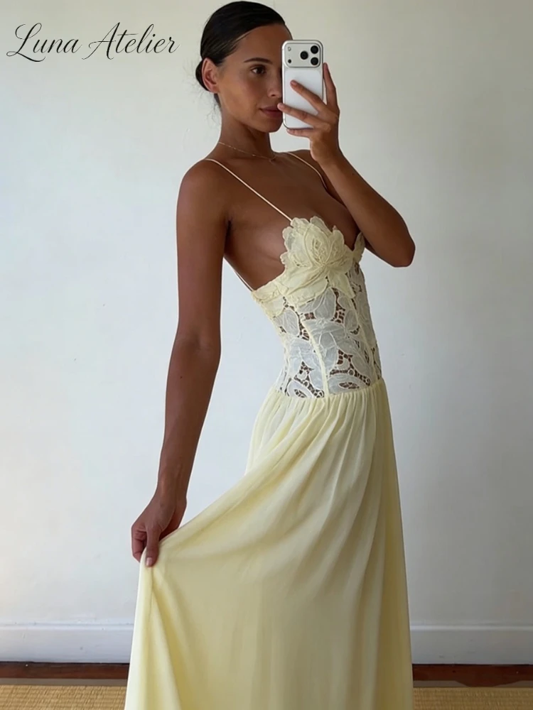 Sexy Hot Girl Casual Vacation Style Embroidery Water-soluble Lace Hollow Splicing Chiffon Suspender Beach Vacation Long Skirt