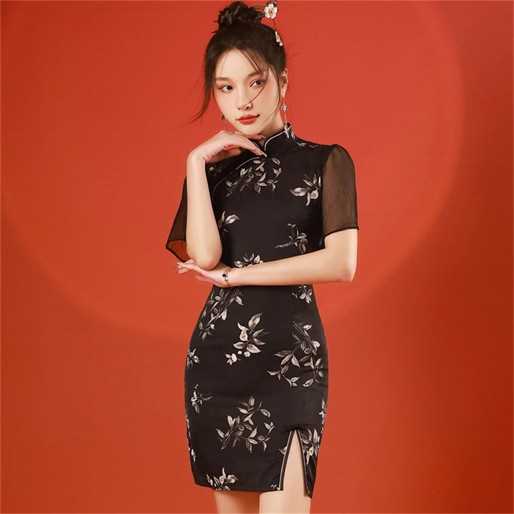 

Spring Summer New Short-sleeved Front Slit Short Cheongsam Modern Improved Qipao Vestido Women Traditional Chinese Evening Dress