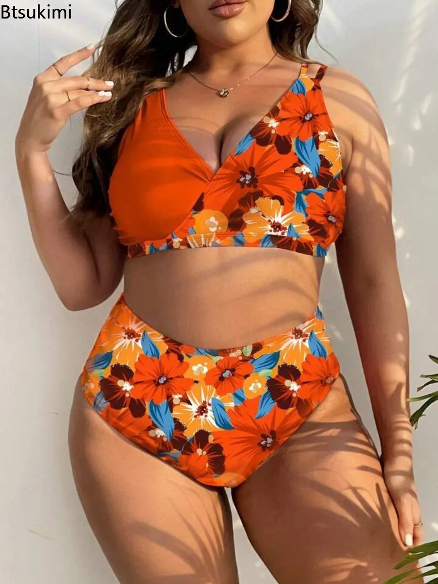 Women's Plus Size High Waisted Bikini Floral Sexy Gathering Swimsuit Deep V-split Swimsuit Summer Ladies Belly Hugging Swimsuit - view 2