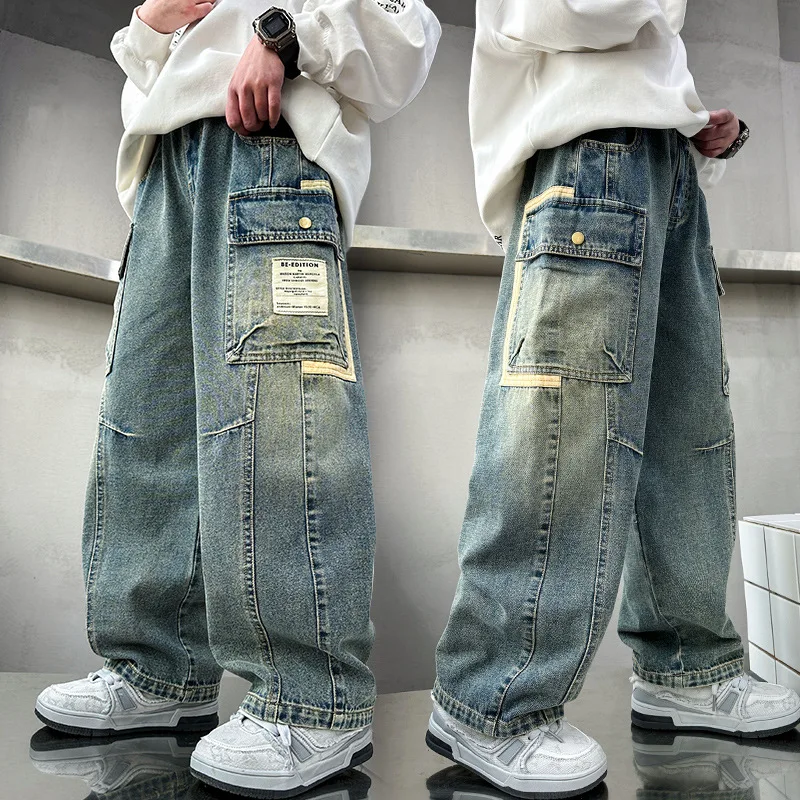 

New Design Teenage Boys Relaxed Fit Straight Leg Cargo Jeans for Children Loose Denim Pants with Pocket Kids Casual Trousers
