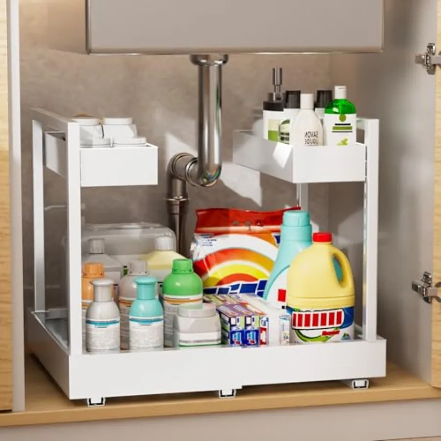 

Adjustable Under Sink Organizer Pull Out Drawers 2-Tier Slide Out Cabinet Storage Shelf for Kitchen Sink Height and Width Exten