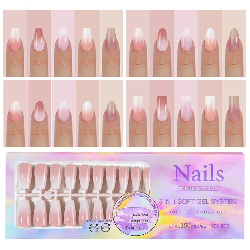 150Pcs/Box Acrylic Press On Nails Full Cover Gradient Fake False Tips Soft Gel Extension T-shaped Oval Capsule Almond Sculpted