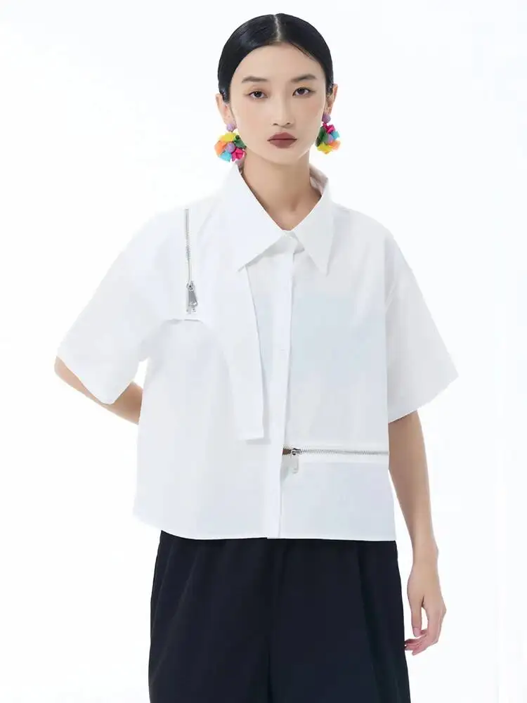 

Женская синяя блузка с молнией и вставками, большого размера, повседневная, с отложным воротником, короткий рукав, модная, весна-лето