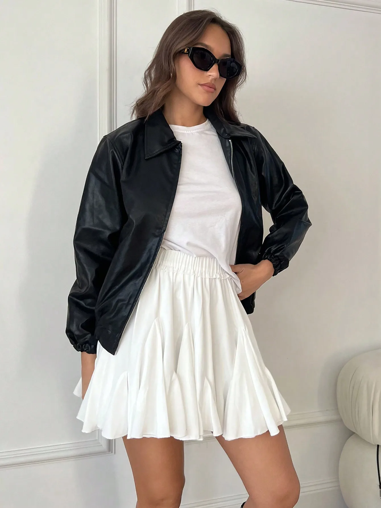 White High-Waisted Pleated Mini Skirt with Ruffled Hem, Casual A-Line Skirt for Spring Fall