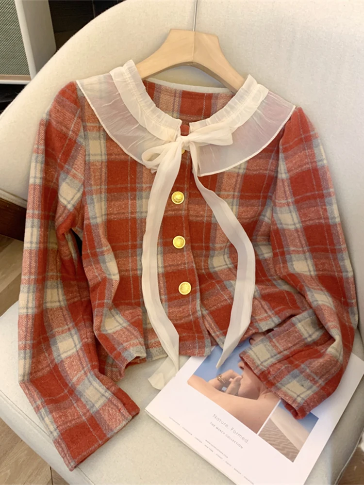 

Women Christmas Red Plaid Shirts and Blouses Vintage Y2k Aesthetic Korean 2000s Elegant Long Sleeve Cutecore Clothes 2024 Autumn