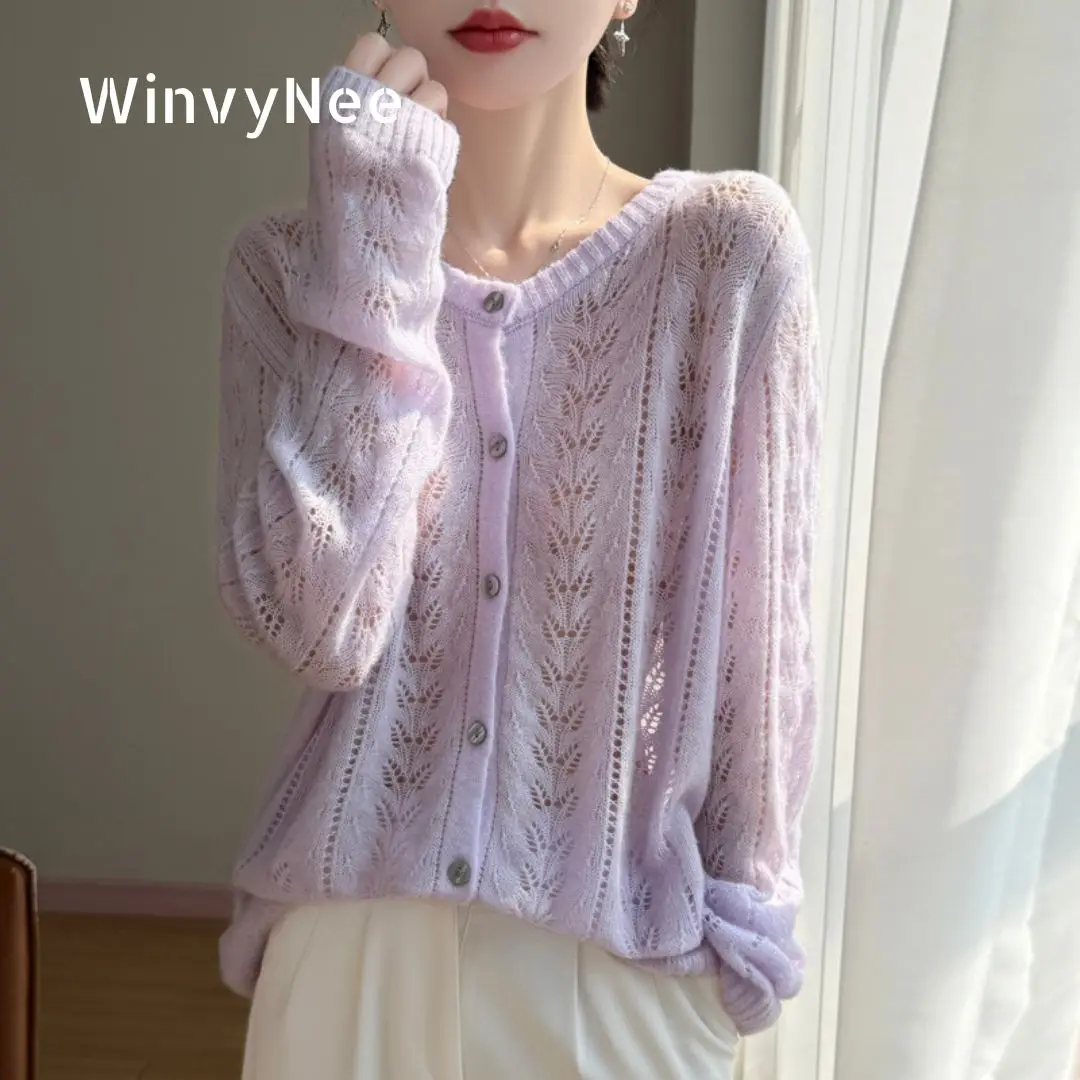 

Женский весенний кардиган WinvyNee из кашемира и шерсти с ажурной вязкой, модный тонкий свитер с круглым вырезом и длинными рукавами, модель ZA1743004A