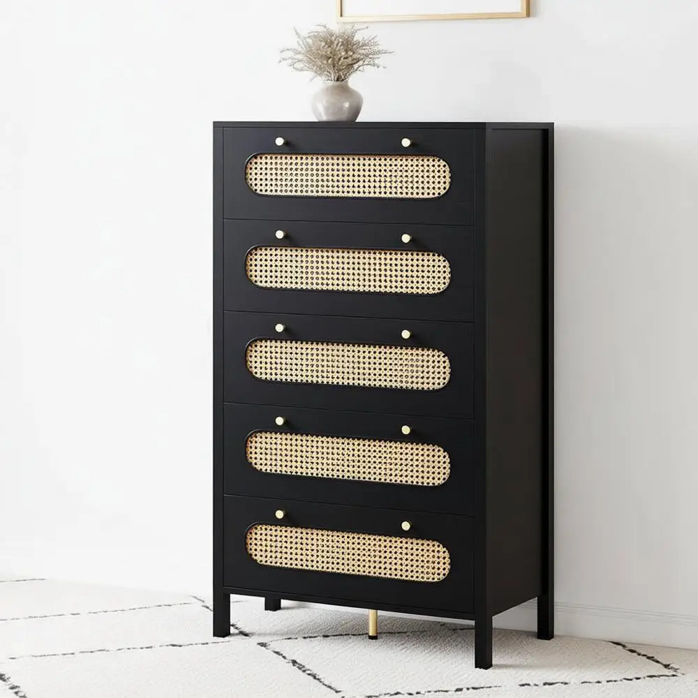 

47 Tall Natural Rattan Sideboard Cabinet with 5 Drawers, Wood Storage Cabinet for Hallway, Entryway, Holds up to 300lbs, Black