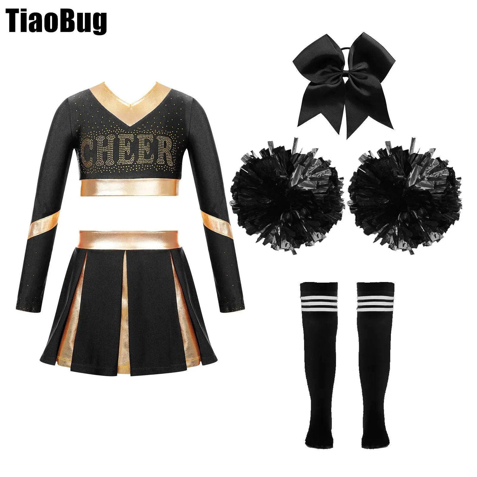 

Kids Girls Cheering Team Set Long Sleeve Crop Top with Pleated Skirt And Bowknot Knee High Stockings Flower Balls for Dance