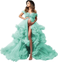 Elegant Luxury Maternity Phoot Shoot Dresses Sexy V Neck Premama Tulle Prom Gowns Ruffles Baby Shower Dress For Pregnant Women