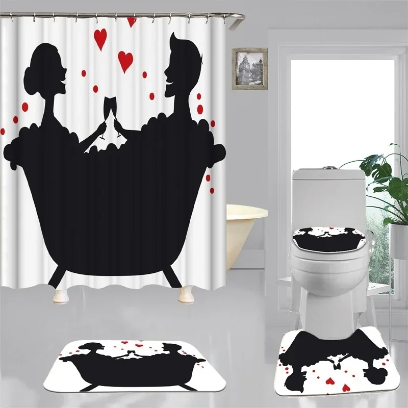 

Waterproof Bathroom Set Shower Curtain Set with Hook Toilet Seat Cover Bath Mat Non-slip Rug Carpet Red Lip Christmas Home Decor