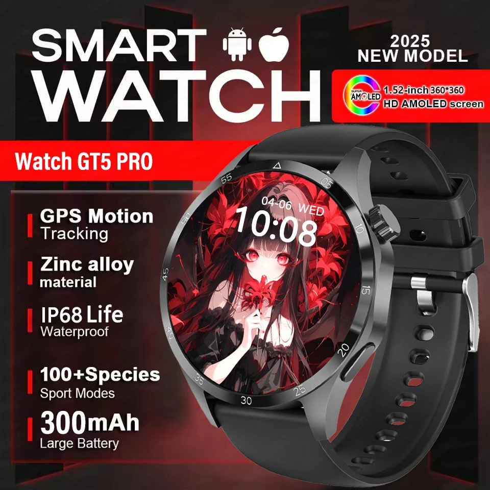 

2025 НОВЫЙ GT5 Pro Bluetooth-смарт-часы с вызовом для мужчин HD AMOLED-экран с пульсометром 100 + спортивные GPS-треки Водонепроницаемые уличные фитнес-часы