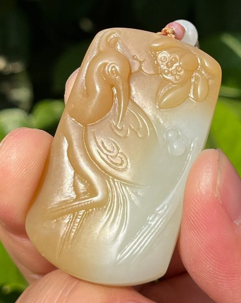 CERTIFIED 27.2g 100% NATURAL HOTAN WHITE JADE HAND CARVED Crane&lotus PENDANT